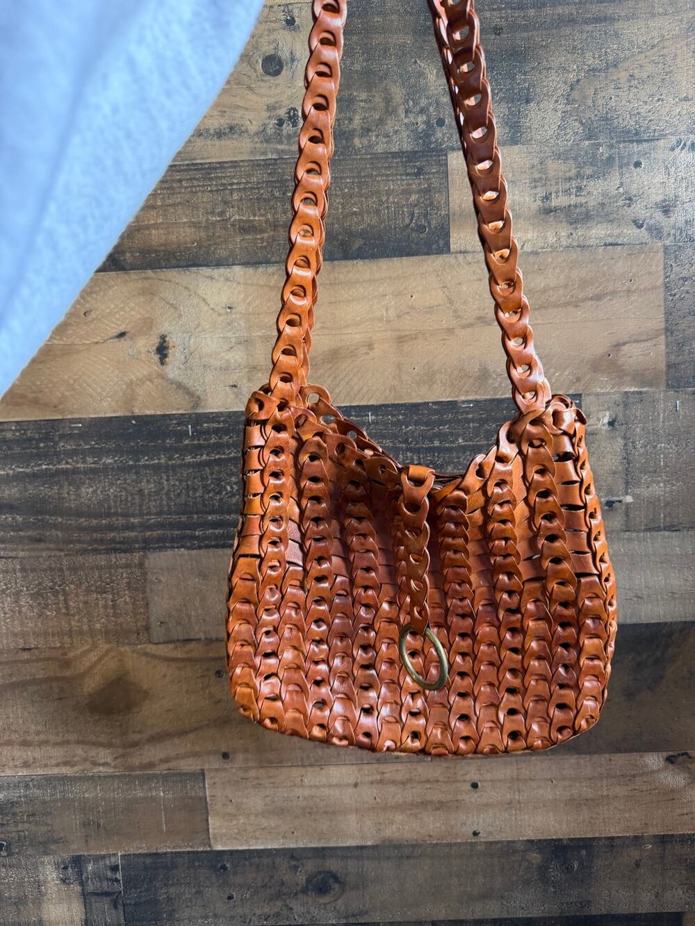 Vintage Cognac Brown Woven Leather Crossbody Bag Interlocked LoopRing Purse-Boho